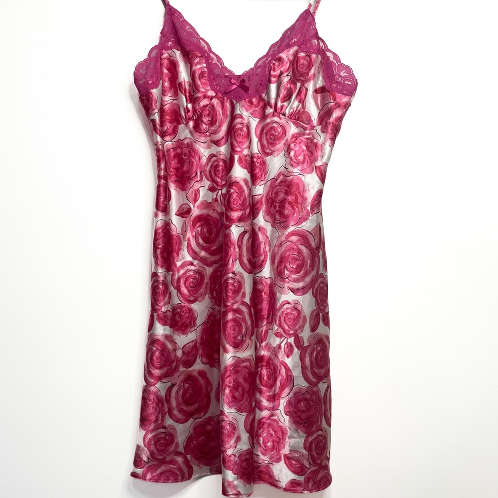 Retro Barbiecore Ambrielle Silk Floral Lace Pink Chemise Nightgown Lingerie M